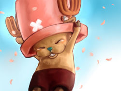 Rule 34 | 1boy, arms up, blue background, blue sky, blurry, blurry background, cherry blossoms, closed eyes, from below, hat, no humans, nokonokoro, one piece, outstretched arms, parted lips, pink hat, sky, snot, solo, tearing up, tears, tony tony chopper, two-tone background, v-shaped eyebrows, white background