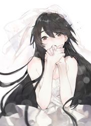 Rule 34 | 1girl, black hair, blush, brown eyes, commentary request, dress, hair between eyes, haruna (kancolle), kantai collection, long hair, neko (ganecooo), open mouth, own hands together, simple background, sleeveless, sleeveless dress, solo, tears, twitter username, veil, wedding dress, white background, white dress