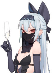 Rule 34 | 1girl, bare shoulders, beijuu, black gloves, bow, breasts, champagne flute, choker, cup, drinking glass, earrings, elbow gloves, girls&#039; frontline, gloves, hair bow, hairband, highres, jewelry, long hair, looking at viewer, mask, medium breasts, mouth veil, red eyes, silver hair, simple background, small breasts, smile, solo, tokarev (girls&#039; frontline), tokarev (griffin&#039;s dancer) (girls&#039; frontline), veil, white background