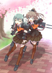 Rule 34 | 10s, ^ ^, brown hair, brown legwear, brown skirt, cherry blossoms, closed eyes, green hair, hair ornament, hairclip, kantai collection, kumano (kancolle), long hair, outstretched arm, pleated skirt, ponytail, school uniform, shinjou satomi, skirt, smile, suzuya (kancolle), thighhighs, tree