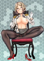 Rule 34 | 10s, 1girl, black pantyhose, blush, breasts, brown hair, cameltoe, chair, crotch seam, epaulettes, feet, female focus, folded ponytail, glasses, gloves, green eyes, high heels, highres, hubrael, jacket, kantai collection, katori (kancolle), large breasts, military, military uniform, miniskirt, navel, necktie, nipples, no bra, no panties, one breast out, open clothes, open jacket, open shirt, pantyhose, red-framed eyewear, riding crop, semi-rimless eyewear, shirt, shoes, single shoe, sitting, skirt, smile, solo, thighband pantyhose, under-rim eyewear, undone necktie, uniform, white gloves