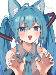 1girl ahoge animal_ear_fluff animal_ears aqua_nails aqua_necktie bare_shoulders blue_eyes blue_hair cat_ears claw_pose collarbone collared_shirt commentary_request detached_sleeves enipa_28 fang frilled_shirt_collar frills grey_shirt hair_between_eyes hair_intakes hands_up hatsune_miku highres light_blush long_hair looking_at_viewer necktie open_mouth shirt sidelocks simple_background smile solo twintails upper_body v-shaped_eyebrows vocaloid white_background