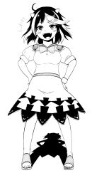 Rule 34 | +++, 1girl, :d, ahoge, arrow (symbol), blush, bow, bowtie, cone horns, dress, fangs, full body, greyscale, hands on own hips, highres, himajin noizu, horns, kijin seija, looking at viewer, monochrome, multicolored hair, open mouth, sandals, shadow, short hair, short sleeves, simple background, smile, solo, standing, streaked hair, touhou, white background