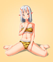 Rule 34 | 1girl, bare shoulders, barefoot, blush, breasts, brown eyes, full body, horns, index finger raised, long fingers, midriff, navel, oni, oni horns, original, pointy ears, setsubun, silver hair, simple background, small breasts, solo, tamoo-kurichala