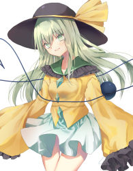 Rule 34 | 1girl, alternate hair length, alternate hairstyle, black hat, blouse, breasts, collarbone, commentary request, cowboy shot, eyeball, floating hair, frilled shirt collar, frills, green eyes, hair between eyes, hat, hat ribbon, head tilt, heart, heart of string, highres, komeiji koishi, light green hair, long hair, looking at viewer, miniskirt, parted lips, ribbon, shiromoru (yozakura rety), shirt, simple background, skirt, sleeves past fingers, sleeves past wrists, small breasts, smile, solo, standing, third eye, touhou, very long hair, white background, wide sleeves, yellow ribbon, yellow shirt