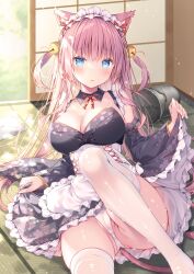 Rule 34 | 1girl, animal ears, apron, bell, black dress, blue eyes, blush, breasts, cat ears, cat girl, cat tail, cleavage, commentary request, detached collar, detached sleeves, dress, hair bell, hair ornament, highres, indoors, long hair, maid, maid apron, maid headdress, medium breasts, original, panties, parted lips, partially visible vulva, pink hair, print dress, solo, sunlight, tail, tatami, thighhighs, underwear, very long hair, wa maid, watagashi yui, white panties, white thighhighs