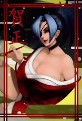 Rule 34 | 1girl, bare shoulders, blowing smoke, blue eyes, breasts, cleavage, eyepatch, female focus, highres, holding, holding smoking pipe, japanese clothes, large breasts, lipstick, makeup, red eyes, sansenyama, scar, short hair, skullgirls, smoking, smoking pipe, solo, text focus, translation request, valentine (skullgirls)