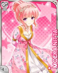 Rule 34 | 1girl, alternate costume, arms behind back, bow, breasts, card, character name, cleavage, closed mouth, dress, girlfriend (kari), hair bun, hairband, looking at viewer, nitta moeka, official art, pink background, pink bow, pink hair, purple eyes, qp:flapper, single hair bun, smile, solo, tagme, yellow dress