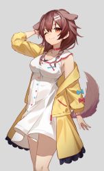 Rule 34 | 1girl, :3, ;3, animal ears, bone hair ornament, braid, breasts, brown hair, cine (wazd0183), closed mouth, collar, commentary, dog ears, dog girl, dog tail, dress, feet out of frame, grey background, hair ornament, hand on own head, highres, hololive, inugami korone, inugami korone (1st costume), jacket, looking at viewer, medium breasts, medium hair, off shoulder, one eye closed, open clothes, open jacket, red collar, red eyes, shirt, simple background, sleeveless, sleeveless shirt, smile, solo, standing, symbol-only commentary, tail, twin braids, virtual youtuber, white dress, wristband, yellow jacket