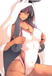 Rule 34 | 1girl, animal ears, bare shoulders, blanket, blush, breasts, cleavage, closed mouth, collarbone, competition swimsuit, cosplay, covered navel, dark-skinned female, dark skin, earrings, facepaint, facial mark, fate/grand order, fate (series), hair between eyes, hairband, hands on own chest, highleg, highleg swimsuit, highres, hip focus, hoop earrings, jackal ears, jewelry, large breasts, long hair, looking at viewer, low-tied long hair, medjed (fate), medjed (fate) (cosplay), nanao (mahaya), necklace, nitocris (fate), nitocris (fate/grand order), nitocris (swimsuit assassin) (fate), nitocris (swimsuit assassin) (second ascension) (fate), one-piece swimsuit, page number, purple eyes, purple hair, scan, sidelocks, simple background, sitting, smile, solo, swimsuit, thighs, very long hair, wariza, white background, white one-piece swimsuit