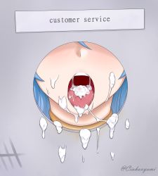 Rule 34 | 1girl, after fellatio, blue hair, blush, ciohoxyami, cum, cum in mouth, cum on tongue, cum on wall, facial, female focus, glory hole, highres, lufia, only mouth, open mouth, oral invitation, saliva, sign, solo, tia (estpolis denki), tongue, tongue out, wall