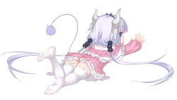 Rule 34 | 1girl, beads, bow, child, dragon girl, dragon horns, dragon tail, dress, feet, female focus, hair beads, hair bow, hair ornament, hairband, horns, kanna kamui, kobayashi-san chi no maidragon, light purple hair, long hair, long sleeves, lying, no shoes, on stomach, open mouth, panties, pantyshot, pink dress, profile, simple background, soles, solo, streamingsun, tail, thighhighs, twintails, underwear, white background, white thighhighs