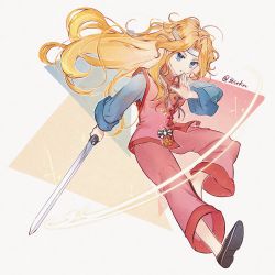 Rule 34 | 1girl, absurdres, alternate costume, baggy pants, bandana, blonde hair, celes chere, chinese clothes, final fantasy, final fantasy vi, hanaon, highres, holding, holding sword, holding weapon, jian (weapon), long hair, medal, pants, square enix, sword, wavy hair, weapon