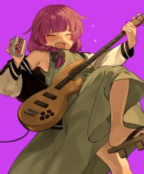 Rule 34 | 1girl, alcohol, alcohol carton, armpits, black bow, black nails, blunt bangs, blush, bocchi the rock!, bow, braid, breasts, carton, closed eyes, dress, drunk, earrings, electric guitar, facing viewer, flying sweatdrops, foot out of frame, from below, furrowed brow, geta, green dress, guitar, hair bow, hair over shoulder, highres, hiroi kikuri, holding, holding instrument, instrument, jacket, jacket partially removed, jewelry, leg up, letterman jacket, long hair, long sleeves, nose blush, onaji (10equal06), open mouth, pink background, purple hair, raised eyebrows, sake, sharp teeth, shoulder strap, simple background, small breasts, smile, solo, stud earrings, sweat, teeth