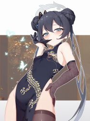 1girl absurdres asymmetrical_gloves black_dress black_gloves black_hair blue_archive blush breasts butterfly_hair_ornament china_dress chinese_clothes covered_navel double_bun dragon_print dress elbow_gloves gloves grey_halo hair_bun hair_ornament halo highres kisaki_(blue_archive) long_hair looking_at_viewer mengxin_huazha mouth_hold pelvic_curtain print_dress single_thighhigh sleeveless sleeveless_dress small_breasts solo thighhighs twintails