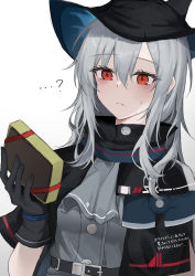 Rule 34 | ..., 1girl, ?, absurdres, arknights, ascot, black capelet, black gloves, black headwear, blush, buckle, capelet, closed mouth, commentary, gift, gloves, grey ascot, grey background, grey shirt, high collar, highres, holding, holding gift, hyakutarou (momotar0 4), long hair, red eyes, shirt, silver hair, simple background, skadi (arknights), solo, translated, upper body
