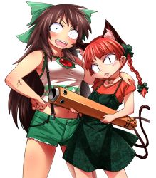 Rule 34 | 2girls, adapted costume, animal ears, bow, braid, brown hair, casual, cat ears, contemporary, dress, green bow, green dress, green shorts, hand on another&#039;s shoulder, kaenbyou rin, long hair, looking at viewer, multiple girls, multiple tails, open fly, red hair, reiuji utsuho, shimizu pem, shirt, short shorts, shorts, sleeveless, sleeveless shirt, slit pupils, smile, suspenders, tail, tank top, touhou, twin braids, two tails, unbuttoned, v-shaped eyebrows, white background, white shirt