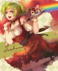 Rule 34 | 2girls, 4boys, axis (teahouse), bare shoulders, black hair, blonde hair, censored, checkered background, chibi, choker, claret (teahouse), copyright name, crying, dress, gloves, green dress, green hair, hair ornament, hairpin, leg up, lilith (teahouse), linneus, lipstick, maid, maid headdress, makeup, multiple boys, multiple girls, nude, open mouth, pink hair, purple eyes, red dress, red hair, red lips, red scarf, reed (teahouse), rory (teahouse), scarf, shilin, smile, star (symbol), star censor, streaming tears, teahouse, tears, teeth, tray, underbust, white gloves