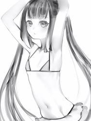 Rule 34 | 1girl, arms up, bikini, bikini skirt, blunt bangs, breasts, frilled bikini, frilled swimsuit, frills, greyscale, groin, hands up, highres, hololive, hololive english, long hair, mole, mole under eye, monochrome, nanashi (nlo), navel, ninomae ina&#039;nis, pursed lips, raised eyebrows, sidelocks, simple background, small breasts, solo, swimsuit, tentacle hair, twintails, very long hair, virtual youtuber, white background