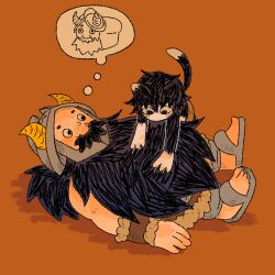 Rule 34 | 1boy, 1girl, animated, animated gif, beard, black hair, bread, brown hair, cat girl, cutystuffy, deformed, dungeon meshi, dwarf, facial hair, fake horns, fluff, food, foodification, from side, full body, helmet, horned helmet, horns, izutsumi, kneading (behavior), loaf of bread, long beard, lying, on back, senshi (dungeon meshi), size difference, spoken character, tail, tail wagging, thick mustache, thought bubble, very long beard