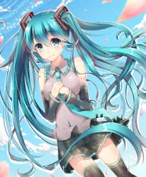 Rule 34 | 1girl, aqua eyes, aqua hair, bad id, bad pixiv id, beamed quavers, day, detached sleeves, hands on own chest, hatsune miku, long hair, looking at viewer, musical note, navy (navy.blue), necktie, petals, quaver, skirt, sky, smile, solo, staff (music), thighhighs, twintails, very long hair, vocaloid