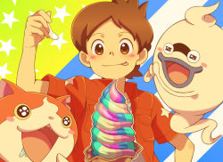 Rule 34 | 10s, 1boy, amano keita, blue lips, blush, blush stickers, brown eyes, brown hair, cat, cyaneko, drooling, fangs, food, ghost, ice cream, ice cream cone, jacket, jibanyan, licking lips, lips, notched ear, open mouth, saliva, short hair, soft serve, spoon, star (symbol), tongue, tongue out, whisper (youkai watch), traditional youkai, youkai watch