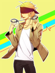 Rule 34 | 10s, 1boy, angel beats!, bandana, blonde hair, cuffs, earrings, handcuffs, headband, jewelry, male focus, no eyes, school uniform, smile, solo, tk (angel beats!), tongue