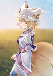 Rule 34 | 1girl, animal ears, blonde hair, blush, closed mouth, day, dress, fox ears, fox tail, frilled sleeves, frills, from side, hat, highres, long sleeves, looking at viewer, mob cap, multiple tails, outdoors, sarasadou dan, short hair, solo, tabard, tail, touhou, white dress, white hat, wide sleeves, yakumo ran, yellow eyes