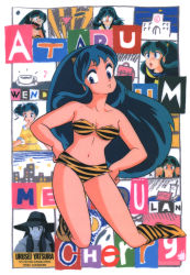 Rule 34 | 1980s (style), 1girl, absurdres, bikini, blue eyes, boots, character name, cone horns, copyright name, eyeshadow, fang, green hair, hands on own hips, hat, highres, horns, knee boots, kneeling, long hair, looking at viewer, lum, makeup, multiple views, navel, non-web source, oldschool, oni, open mouth, retro artstyle, scan, smile, solo, strapless, strapless bikini, swimsuit, teeth, tiger stripes, upper teeth only, urusei yatsura