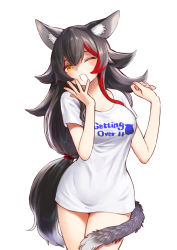 Rule 34 | 1girl, animal ears, black hair, getting over it, hands up, highres, hololive, long hair, looking at viewer, low-tied long hair, merchandise, multicolored hair, naked shirt, one eye closed, ookami mio, sabaku chitai, shirt, solo, streaked hair, tail, very long hair, virtual youtuber, wolf ears, yawning, yellow eyes