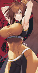 Rule 34 | 1girl, armpits, arms behind head, breasts, brown hair, dnf duel, dungeon and fighter, fighter (dungeon and fighter), framed breasts, hair ornament, highres, large breasts, long hair, murata tefu, muscular, muscular female, orange eyes, pants, ponytail, shirt, skin tight, smile, striker (dungeon and fighter), tight clothes, tight pants, tight shirt