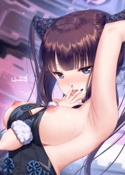 Rule 34 | 1girl, arm between breasts, armpits, artist name, bare shoulders, between breasts, black dress, blue eyes, blunt bangs, blurry, blurry background, breast slip, breasts, brown hair, chinese clothes, depth of field, dress, dutch angle, fate/grand order, fate (series), fingernails, fur trim, hand on own face, haneru, highres, long fingernails, long hair, looking at viewer, lying, medium breasts, multicolored nails, nail polish, naughty face, nipple slip, nipples, no bra, on back, presenting armpit, saliva, sleeveless, sleeveless dress, smile, solo, sweat, tongue, tongue out, twintails, upper body, yang guifei (fate), yang guifei (second ascension) (fate)