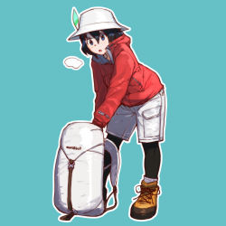Rule 34 | 10s, adapted costume, alternate costume, ankle boots, aqua background, backpack, bag, black hair, black pantyhose, blue eyes, boots, breath, brown footwear, coat, cross-laced footwear, full body, green background, hat, hat feather, helmet, highres, hood, hooded jacket, jacket, kaban (kemono friends), kemono friends, leaning forward, logo, long sleeves, onsen tamago (hs egg), open mouth, pantyhose, pantyhose under shorts, pith helmet, pocket, red jacket, short hair, shorts, simple background, solo, standing, white hat, white shorts, winter clothes, winter coat