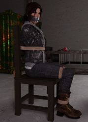 Rule 34 | 1girl, 3d, arms behind back, ball gag, bdsm, bondage, bound, bound ankles, bound arms, bound legs, breasts, brown eyes, brown hair, gag, gagged, improvised gag, iorel-renders, lara croft, tape, tape gag, tied to chair, tomb raider, variant set