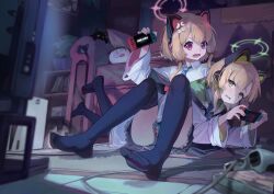 Rule 34 | 2girls, absurdres, animal ear headphones, animal ears, black skirt, black thighhighs, blonde hair, blue archive, blue necktie, blush, cat, cat ear headphones, cat ears, cat tail, coat, doodle sensei (blue archive), fake animal ears, fake tail, green eyes, headphones, highres, hokushuu, looking at another, midori (blue archive), miniskirt, momoi (blue archive), multiple girls, necktie, nintendo switch, no shoes, off shoulder, open mouth, pleated skirt, red eyes, ribbon, sensei (blue archive), shirt, short hair, siblings, sisters, skirt, tail, thighhighs, twins, white coat, white shirt
