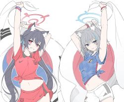 Rule 34 | 2022 fifa world cup, 2girls, absurdres, adidas, alternate costume, animal ear fluff, animal ears, armlet, armpits, arms up, black hair, blue archive, blue eyes, blue shirt, blush, breasts, cat ears, cowboy shot, cross hair ornament, flag, grey hair, grin, groin, hair ornament, hair ribbon, halo, highres, holding, holding flag, japanese flag, light smile, long hair, looking at viewer, masabodo, medium breasts, medium hair, midriff, mismatched pupils, multiple girls, navel, nike (company), parted lips, red shirt, red skirt, ribbon, scrunchie, serika (blue archive), shiroko (blue archive), shirt, short shorts, shorts, sidelocks, simple background, skirt, smile, south korean flag, standing, sticker on face, tied shirt, twintails, very long hair, white background, white shorts, wolf ears, world cup, wrist scrunchie