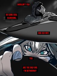 Rule 34 | 1girl, 1other, absurdres, aqua eyes, arknights, blue nails, doctor (arknights), english text, fingerless gloves, gloves, grey gloves, grey hair, head wings, highres, ho&#039;olheyak (arknights), looking at viewer, mask, savadava, tail around neck, wings