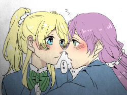 Rule 34 | 2girls, ayase eli, blazer, blonde hair, blue eyes, blue jacket, blush, bow, bowtie, closed mouth, collared shirt, commentary request, dress shirt, eye contact, green bow, green bowtie, green eyes, hair between eyes, hair ornament, hair scrunchie, imminent kiss, jacket, kashikaze, long hair, looking at another, love live!, love live! school idol project, low twintails, medium hair, multiple girls, open mouth, otonokizaka school uniform, ponytail, purple hair, school uniform, scrunchie, shirt, speech bubble, striped bow, striped bowtie, striped clothes, tojo nozomi, traditional media, translated, twintails, upper body, white scrunchie, white shirt, yuri