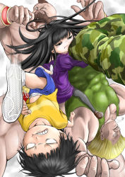 Rule 34 | 10s, 1girl, 3boys, abs, age difference, angry, battle, beard, black hair, blank eyes, blonde hair, brown hair, camouflage, clenched teeth, crossover, dog tags, dress, epic, facial hair, flying kick, gameplay mechanics, gradient background, guile, high score girl, kasu (kasunohikari), kicking, military, military uniform, mohawk, motion blur, multiple boys, muscular, oono akira, parody, piledriver (sex), shirt, shorts, size difference, street fighter, t-shirt, tank top, teeth, underwear, uniform, what, yaguchi haruo, zangief