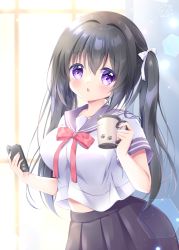 Rule 34 | 1girl, black hair, black skirt, blue sailor collar, blush, bow, breasts, cellphone, chiika (cure cherish), cup, hair bow, hair ribbon, holding, holding cup, holding phone, indoors, large breasts, long hair, mug, original, parted lips, phone, pleated skirt, purple eyes, red ribbon, ribbon, sailor collar, school uniform, serafuku, shirt overhang, short sleeves, skirt, smartphone, solo, twintails, upper body, white bow