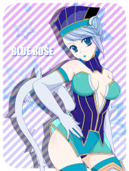 Rule 34 | 10s, 1girl, bad id, bad pixiv id, bare shoulders, blue eyes, blue hair, blue nails, blue rose (tiger &amp; bunny), breasts, cleavage, earrings, elbow gloves, fingernails, fingernails over gloves, gloves, hat, jewelry, karina lyle, lipstick, makeup, matching hair/eyes, nail polish, short hair, solo, superhero costume, tako991974, thighhighs, tiger &amp; bunny