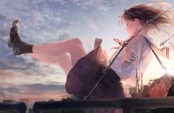Rule 34 | 1girl, backpack, bag, black footwear, blurry, brown hair, building, city, cloud, commentary request, depth of field, closed eyes, from side, full body, highres, legs up, loafers, long hair, neck ribbon, original, outdoors, pleated skirt, profile, red ribbon, ribbon, school uniform, serafuku, shirt, shoes, short sleeves, sitting, skirt, sky, socks, solo, sousou (sousouworks), sunlight, swing, twilight
