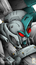 Rule 34 | character name, close-up, denjyou23, gengaozo, gundam, highres, looking down, mecha, mobile suit, no humans, red eyes, robot, solo, upper body, victory gundam, white background, zanscare