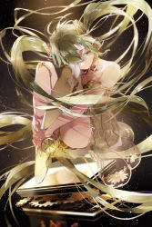 Rule 34 | 1girl, alternate hair color, armlet, bare shoulders, black background, blurry, breasts, brown ribbon, collarbone, colored eyelashes, commentary, dress, eyelashes, gears, gold, gold choker, gold trim, green dress, green eyes, green hair, green nails, hair between eyes, hair over one eye, hatsune miku, highres, hugging own legs, knees up, light particles, long hair, looking down, miku symphony (vocaloid), nail polish, neck ribbon, one eye covered, reika (iamreika), ribbon, single thighhigh, sitting, small breasts, solo, strapless, strapless dress, thighhighs, thighs, twintails, very long hair, vocaloid