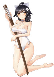 Rule 34 | 1girl, absurdres, artist request, azur lane, bare legs, bare shoulders, barefoot, black hair, blush, bokken, bow, breasts, cleavage, collarbone, covered navel, flower, full body, hair bow, hair flaps, hair flower, hair ornament, highres, kneeling, looking at viewer, medium breasts, medium hair, one-piece swimsuit, ponytail, simple background, solo, swimsuit, sword, takao (azur lane), takao (beach rhapsody) (azur lane), weapon, white background, white one-piece swimsuit, wooden sword, yellow eyes