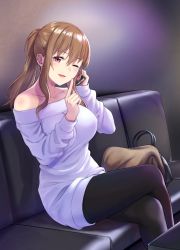 Rule 34 | 1girl, ;d, bag, bare shoulders, black pantyhose, blush, breasts, brown hair, cellphone, collarbone, commentary request, couch, crossed legs, dress, feet out of frame, finger to mouth, gradient background, handbag, highres, holding, holding phone, index finger raised, large breasts, long hair, long sleeves, looking at viewer, off-shoulder sweater, off shoulder, on couch, one eye closed, open mouth, original, pantyhose, phone, ponytail, red eyes, saemon (tonpura), shushing, sidelocks, sleeves past wrists, smartphone, smile, solo, sweater, sweater dress, table, talking on phone, white sweater