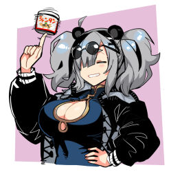 Rule 34 | 1girl, animal ears, arknights, black hair, black jacket, blue dress, blush, breasts, china dress, chinese clothes, cleavage, cleavage cutout, closed eyes, clothing cutout, dress, eyewear on head, fang, feater (arknights), grey hair, hair over one eye, hand on own hip, jacket, large breasts, long sleeves, multicolored hair, open mouth, panda ears, panda girl, simple background, skin fang, solo, streaked hair, tsukinami kousuke, twintails, upper body, wide hips