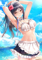 Rule 34 | 1girl, absurdres, angel, angel wings, apron, armpits, arms up, bikini, black bikini, black hair, black wings, blue sky, breasts, brown eyes, cleavage, cloud, commentary request, cowboy shot, day, detached collar, feathered wings, flower, hachiroku (hatirokusann86), hair flower, hair ornament, halo, highres, legs together, long hair, maid, maid apron, maid bikini, maid headdress, medium breasts, mouth hold, navel, ocean, original, outdoors, ponytail, ribbon, ribbon in mouth, sideboob, sidelocks, sky, standing, swimsuit, tying hair, unconventional maid, wet, white bikini, wings