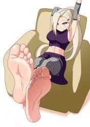 Rule 34 | 1girl, arms up, barefoot, blonde hair, blue eyes, blush, feet, foot focus, long hair, naruto (series), smile, soles, solo, toes, yamanaka ino