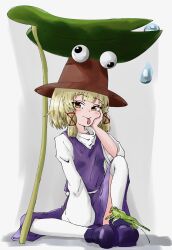 Rule 34 | 1girl, absurdres, blonde hair, blush, brown hat, closed mouth, commentary request, eyelashes, frog, grey background, hair ornament, hair ribbon, hand on own cheek, hand on own face, hand up, hat, highres, knee up, leaf, leaf umbrella, lily pad, long sleeves, looking at viewer, moriya suwako, naga38, parted bangs, purple footwear, purple skirt, purple vest, ribbon, shirt, shoes, short hair, sidelocks, simple background, sitting, skirt, skirt set, solo, thighhighs, tongue, tongue out, touhou, vest, water drop, white background, white shirt, white thighhighs, wide sleeves, x hair ornament, yellow eyes